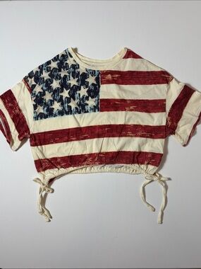 U.S. Vintage American Flag Crop Top Drawstring Hem Patriotic USA Size M
